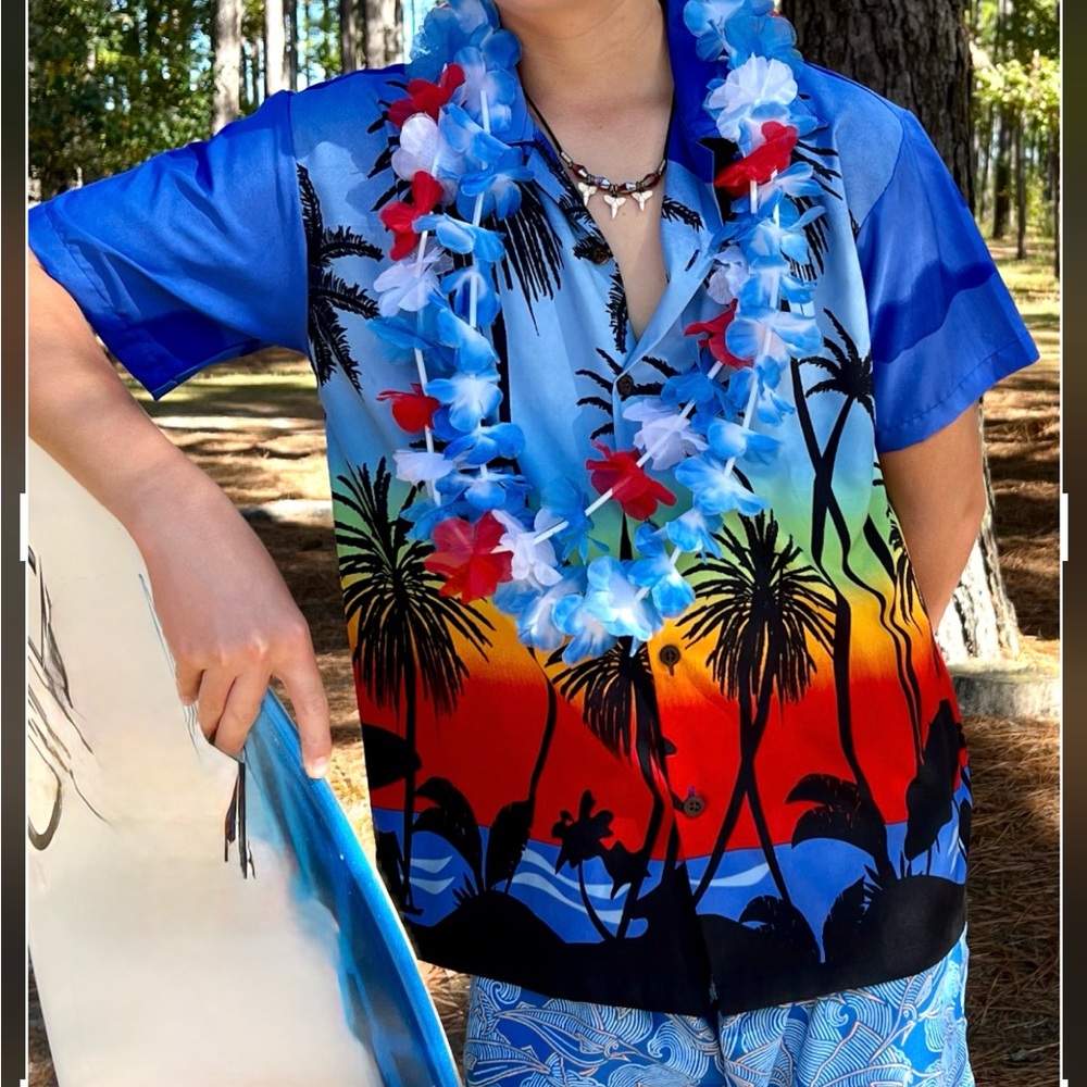 Boy’s Hawaiian Shirt, Homecoming Week or Halloween, Youth Large, Blue Red Black